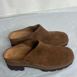 Vionic Womens Fairfax Brown Leather Slip On Block Heel Mules Shoes